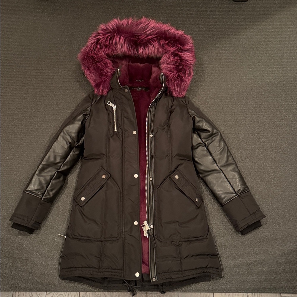 Black Coat with leather detail Fur interior and detachable Fur Hood